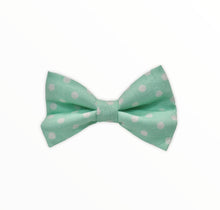 Handmade dog bow tie in cotton print. Made by hand in the U.K. and washable. Mint green spotted dog cotton poplin  bow tie 
