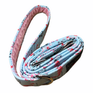 Pretty Flamingo print cotton fabric dog lead with soft pink velvet lined handle. Hand made in the U.K.  washable and designed to match our Pretty Flamingo dog collar and bandana.