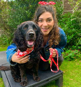 Hannah and Charley wearing their Japanese Blossom matching set of bandana and hair scrunchie. Perfect for Twin With Your Dog Day