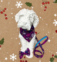Dog mannequin wearing the Christmas Snowflakes dog collar made from a purple cotton printed with gold, purple and turquoise snowflakes. Handmade and washable.