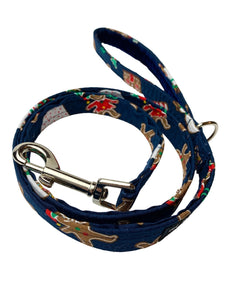 Gingerbread Village dog lead in navy cotton poplin. Handmade in the UK and washable