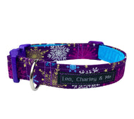 Christmas Snowflakes dog collar made from a purple cotton printed with gold, purple and turquoise snowflakes. Handmade and washable.