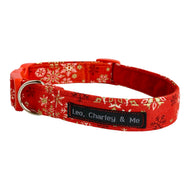 Handmade Red Christmas Snowstorm dog collar. Made in the UK and washable. Matching Christmas bow tie, lead and bandana available.