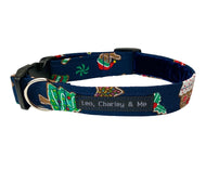 Gingerbread Village dog collar in navy cotton poplin.  Handmade in the UK and washable