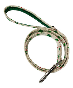 Christmas Holly Berry dog lead made from a natural cotton printed with holly leaves and berries. Handmade and washable.