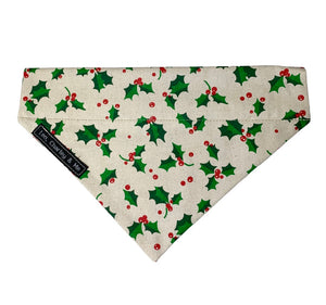 Christmas Holly Berry dog bandana made from a natural cotton printed with holly leaves and berries. Handmade and washable.