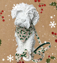 Dog mannequin wearing the Christmas Holly Berry dog bow tie made from a natural cotton printed with holly leaves and berries. Handmade and washable.