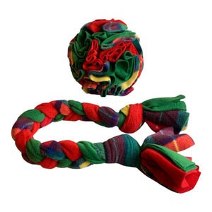 Festive Green and Red plaited tug toy. Made in the UK and washable