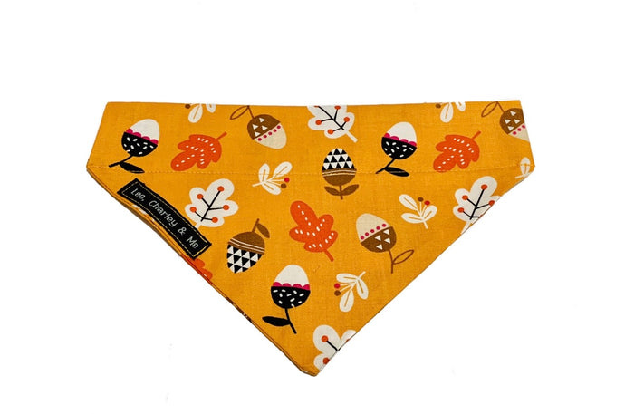 Gorgeous dusty orange cotton poplin autumnal dog bandana printed with acorns and oak leaves. Hand made in the U.K. and washable 
