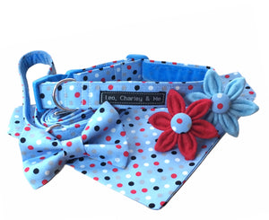 Dotty Blue Dilyn dog collar, bandana, lead, bow tie and flower. Handmade in the U.K.  glorious blue fabric with red, white and blue polka dot print.