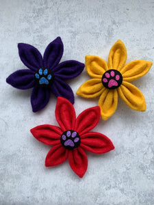 Handmade Felt Collar flowers in Red Purple and yellow with paw print central button. Made in the UK