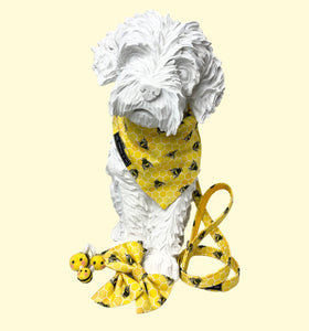 Dog mannequin wearing a honeycomb and bee print bandana, lead, collar and bow tie. All handmade in the UK and washable
