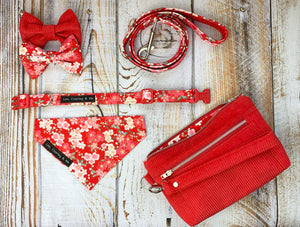 Handmade red Japanese Blossom collar, lead bandana and bow with bag and accessories for owners. Made in the U.K. and washable 