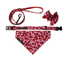 Beautiful heart print dog collar, bandana, lead and bow.  Handmade in the U.K. and washable. Perfect for Valentine’s Day 