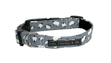 Silver sheep print dog collar lined with black velvet ribbon. Handmade in the UK  