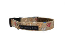 Squirrel print fabric dog collar in coffee coloured cotton fabric. Washable and handmade.
