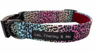 Handmade Rainbow Leopard print dog collar  in a soft cotton poplin with a wine coloured velvet lining and black buckle and matte black D ring. Made in the U.K. and washable 