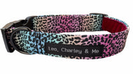 Handmade Rainbow Leopard print dog collar  in a soft cotton poplin with a wine coloured velvet lining and black buckle and matte black D ring. Made in the U.K. and washable