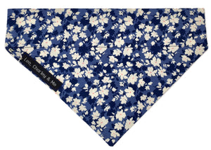 Washable floral cotton dog bandana in shades of denim. Co-ordinates with our Floral denim dog collar.