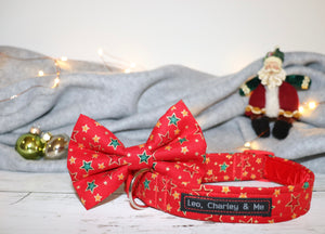 Cute handmade cotton bow tie in cherry red cotton poplin printed with a multitude of stars in dark red, gold and green.  Such a dapper look for the festive season and beyond!  Matching accessories available for owners so you can Twin With Your Dog. Matching collar available