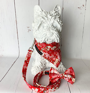 Red Japanese Blossom handmade dog collar, lead, bandana and bow. Made in the U.K. and washable. Modelled by a Westie mannequin. 