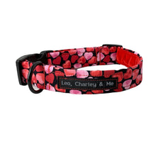 Beautiful heart print dog collar with red velvet lining and matte black d ring. Hand made in the Uk 