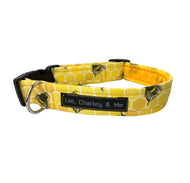 Handmade bright yellow honeycomb and bee print dog collar. Made in the UK and washable. Beautiful accessory for your dog for Spring days.
