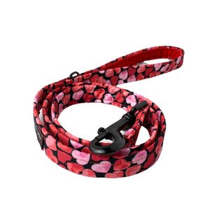 Beautiful heart print dog lead with matte blank hardware. Made in the U.K. 