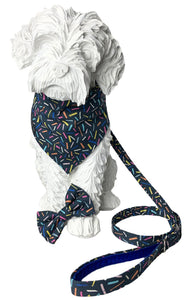 Dog mannequin wearing a confetti print dog bandana, collar and lead, made in the UK  