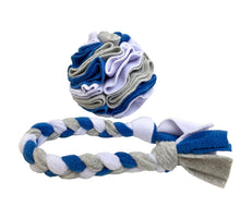 Plaited fleece tug toy and snuffle ball in bright colours. Handmade in the UK