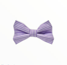 Handmade dog bow tie in cotton print. Made by hand in the U.K. and washable. Lilac candy stripe cotton poplin dog bow tie. 