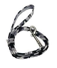 Arctic Camouflage print monochrome dog lead with matching accessories of collar, bandana, bow, collar flower and items for owners. Handmade in the UK and washable.