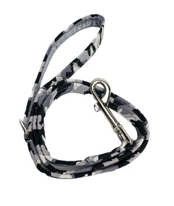 Arctic Camouflage print monochrome dog lead with matching accessories of collar, bandana, bow, collar flower and items for owners. Handmade in the UK and washable.