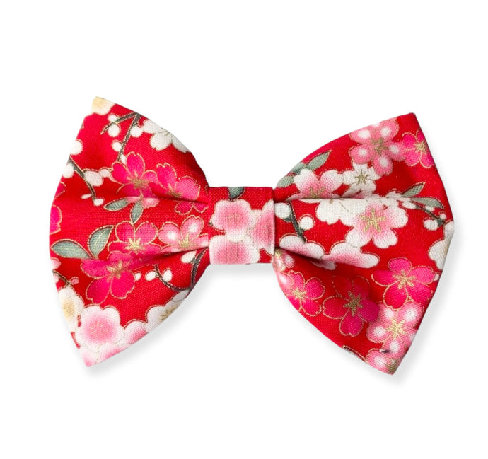 Gorgeous red floral print handmade dog bow tie in a Japanese design. Made in the UK