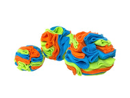 Bright coloured fleece enrichment toy for dogs. Snuffle ball in three sizes made in the UK 