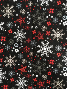 Midnight Snowflake in red and white on a black background print fabric handmade dog collar, lead and bandana set. Boxed bargain.