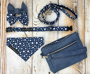 Collection of Midnight Sky dog accessories of collar, bandana, bow and lead with matching upcycled denim dog bow tie and matching denim pouch bag for owners.
