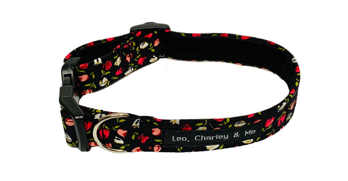 Handmade black poplin fabric dog collar with tiny pink floral print. Handmade in the U.K. and washable.  