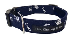 Handmade nautical print dog collar in navy and white. Handmade in the UK and washable