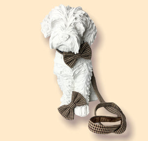 Dog mannequin wearing handmade tweed dog collar, lead and bow tie. Made in the UK 