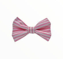 Handmade dog bow tie in cotton print. Made by hand in the U.K. and washable. Pale pink candy striped cotton poplin dog bow tie.