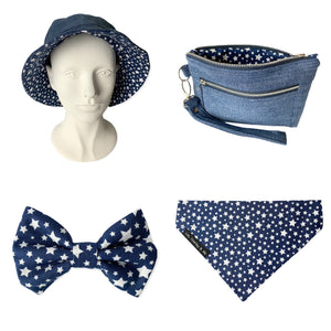 Midnight Sky Star print dog bow and bandana with matching hat and bag for owners  made from upcycled denim
