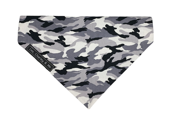 Arctic Camouflage print monochrome dog bandana with matching accessories of collar, lead, bow, collar flower and items for owners. Handmade in the UK and washable.