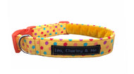 Bright yellow summer washable cotton dog collar with polka dot print 