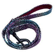 Handmade dog lead in Rainbow Leopard print cotton poplin with wine coloured velvet ribbon handle. It has a black D ring and matte black trigger hook.