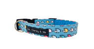 Washable fabric dog collar in turquoise with a cute multicoloured hedgehog print. 