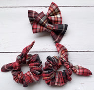Red tartan dog bow tie with matching tartan hair scrunchie. Handmade in the U.K. and washable. 