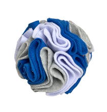 Bright coloured fleece enrichment toy for dogs. Snuffle ball in three sizes made in the UK This one is lilac, blue and grey. 
