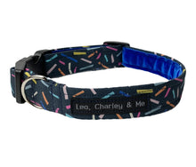 Confetti print dog collar with vibrant blue velvet lining. Hand made in the UK and washable  