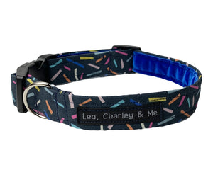 Confetti print dog collar with vibrant blue velvet lining. Hand made in the UK and washable  